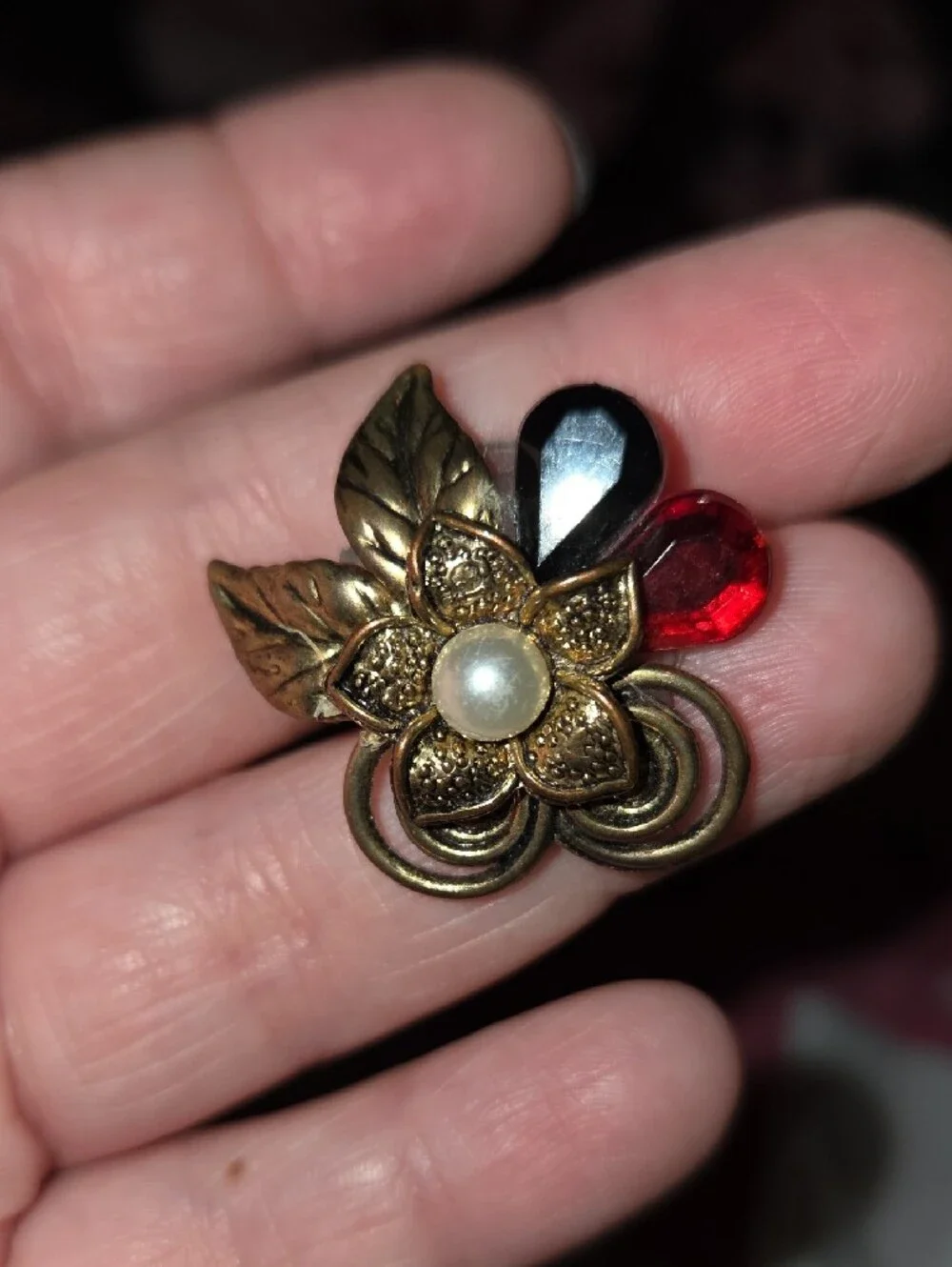 Gold Floral Faux Pearl and Gem Accent Brooch - Women Jewelry